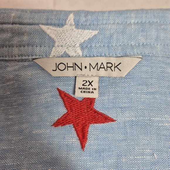 John Mark Women's Size 2X Linen Shirt Top 4th of July Star Embroidered Blue (42) - Picture 12 of 13